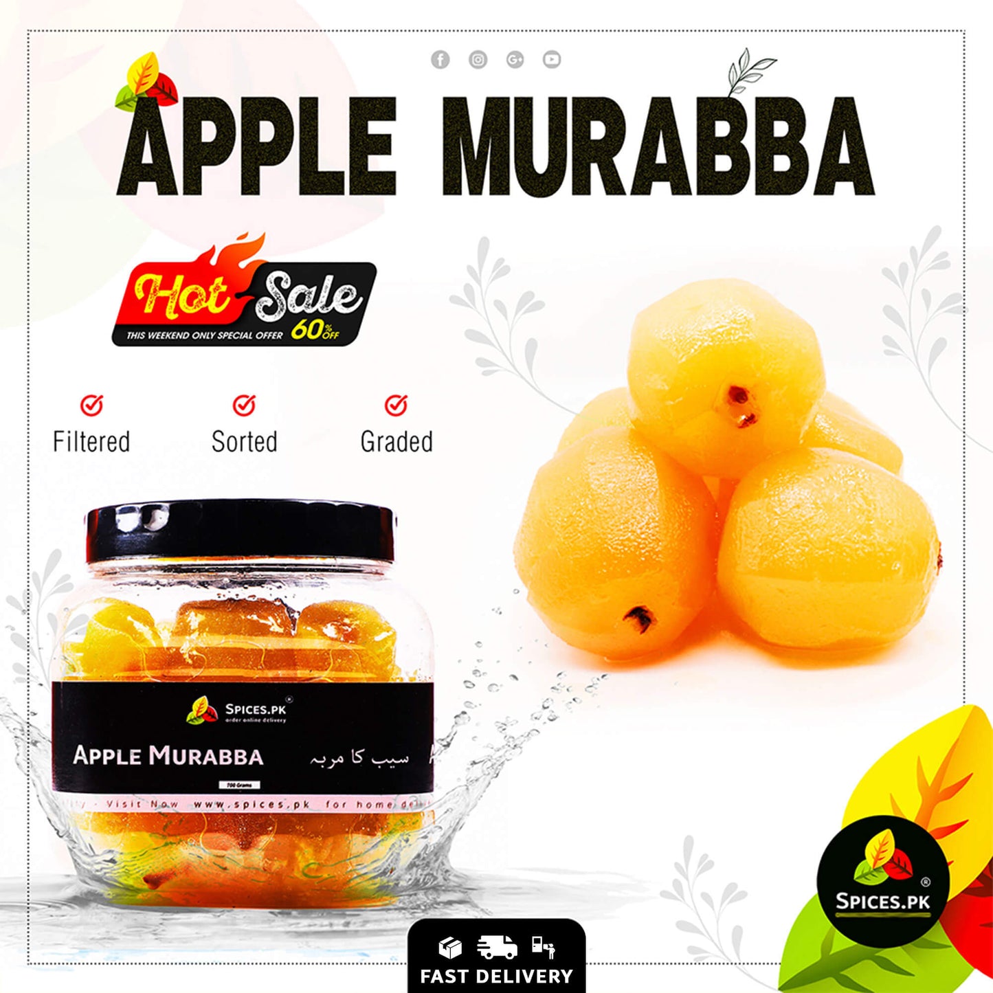 Spices.pk special weekend discount offer on premium quality Apple Murabba (سیب کا مربہ) with fast delivery across Pakistan.Advertisement for Apple Murabba with a jar and fresh apples on a white background.