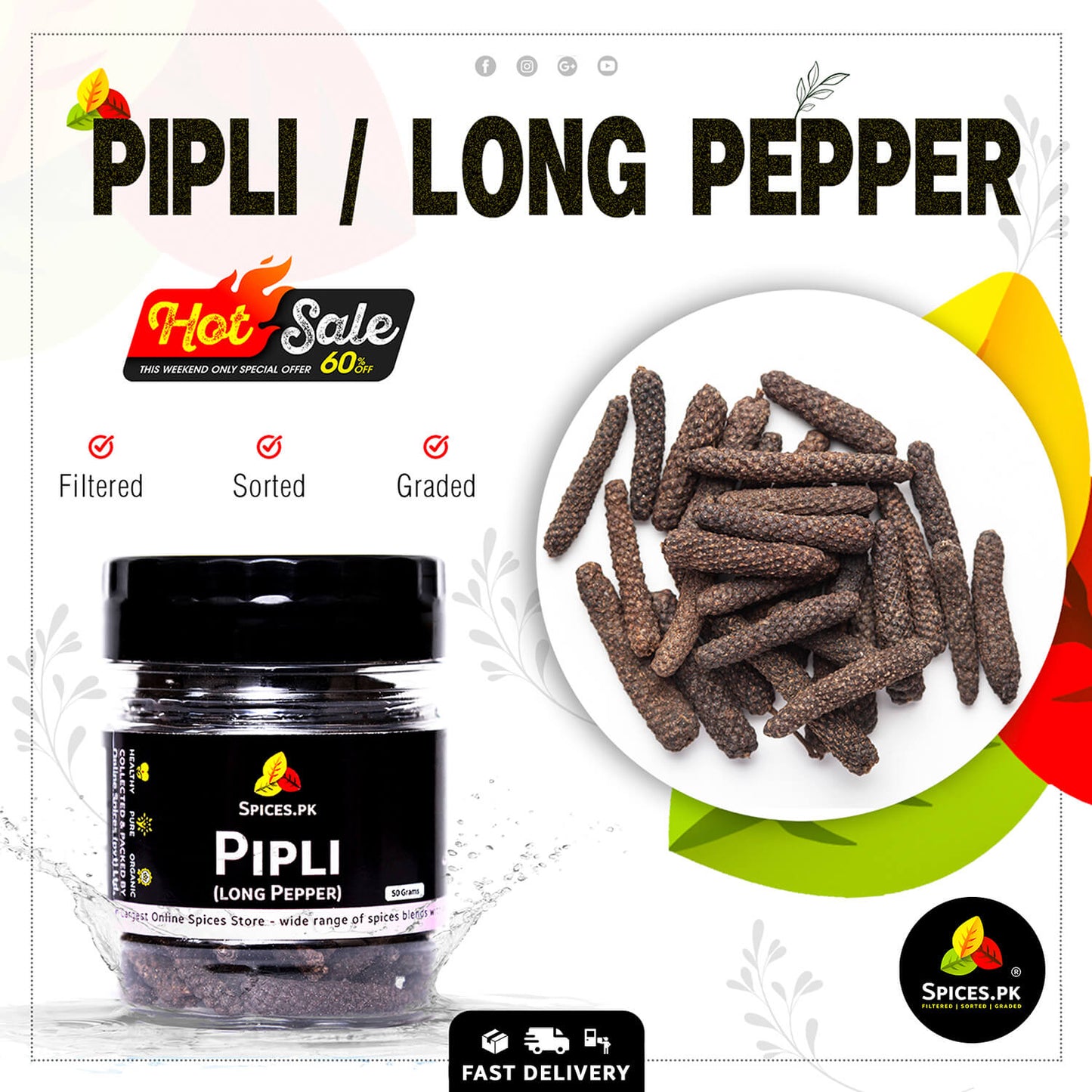 Spices.pk premium 50g jar of whole Pipli (Long Pepper), also known as Filfil Daraz, cleaned and graded for cooking and wellness in Pakistan.Spices.PK Pipli (Long Pepper) packaging with pepper on a white background