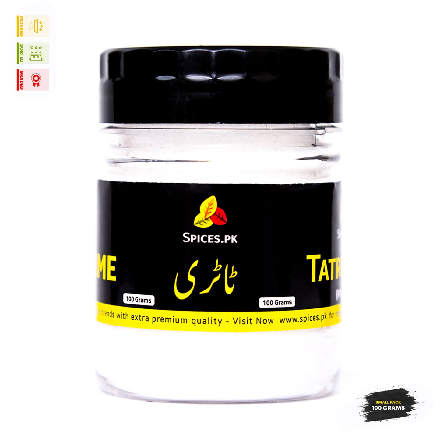 Spices.pk Tatri powder 100g small jar with Urdu label reading ٹاٹری. Premium graded and sorted pure citric acid lemon salt.
