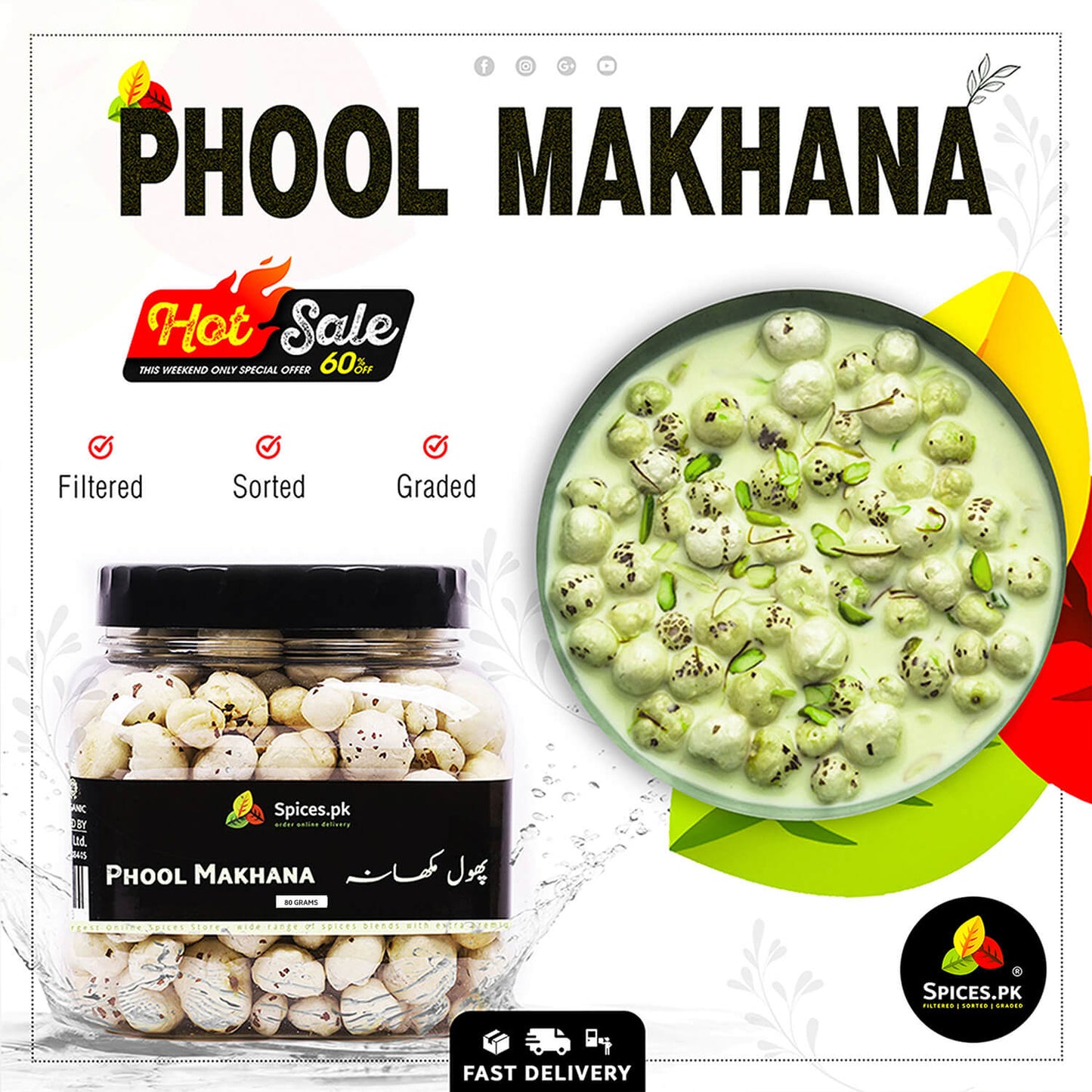 organic-phool-makhana-fox-nuts-spices-pkAdvertisement for Phool Makhana showing a jar and a bowl of the product with Spices.pk branding.
