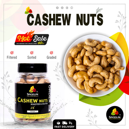 Spices.pk promotional hot sale banner for premium cashew nuts featuring a fresh white bowl of salted kaju and a 155g jar.Spices.PK cashew nuts packaging with a bowl of cashews and promotional text.