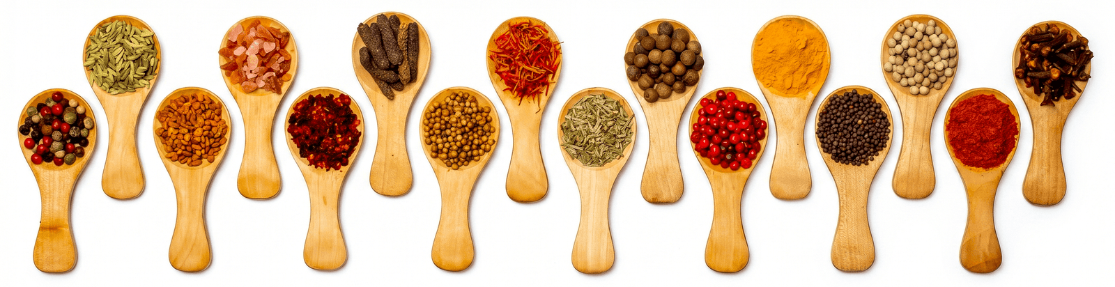 Row of wooden spoons filled with various spices on a white background