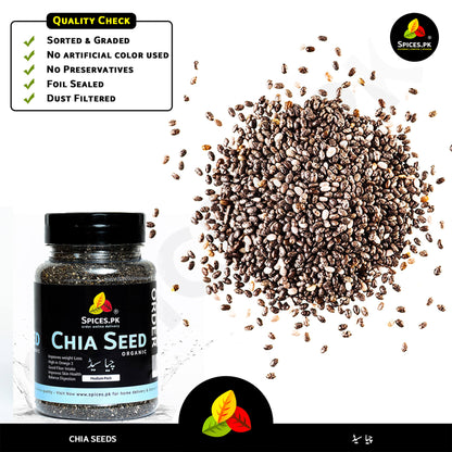 Premium sorted and graded organic chia seeds by Spices.pk—no preservatives, high in Omega-3 and protein.