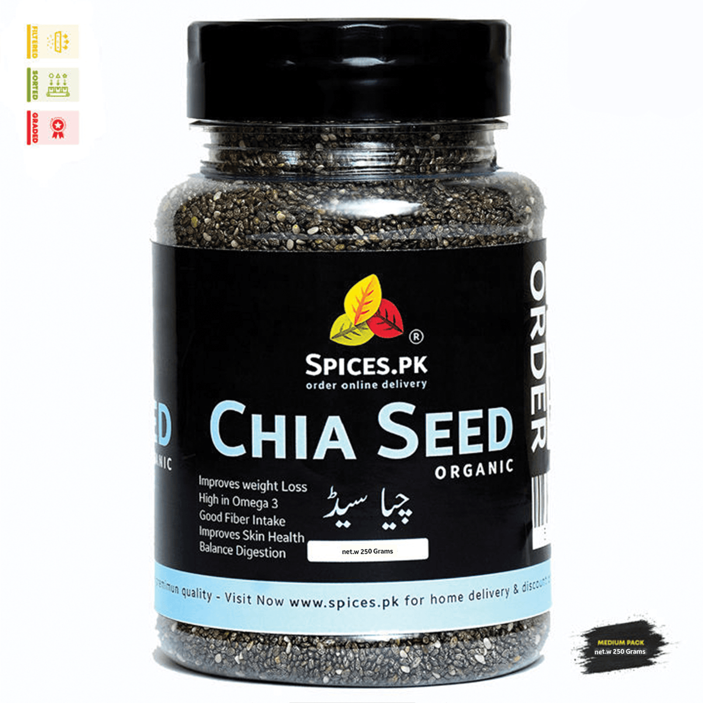 Spices.pk 250g jar of filtered and graded organic Chia Seeds—premium superfood for weight management.
