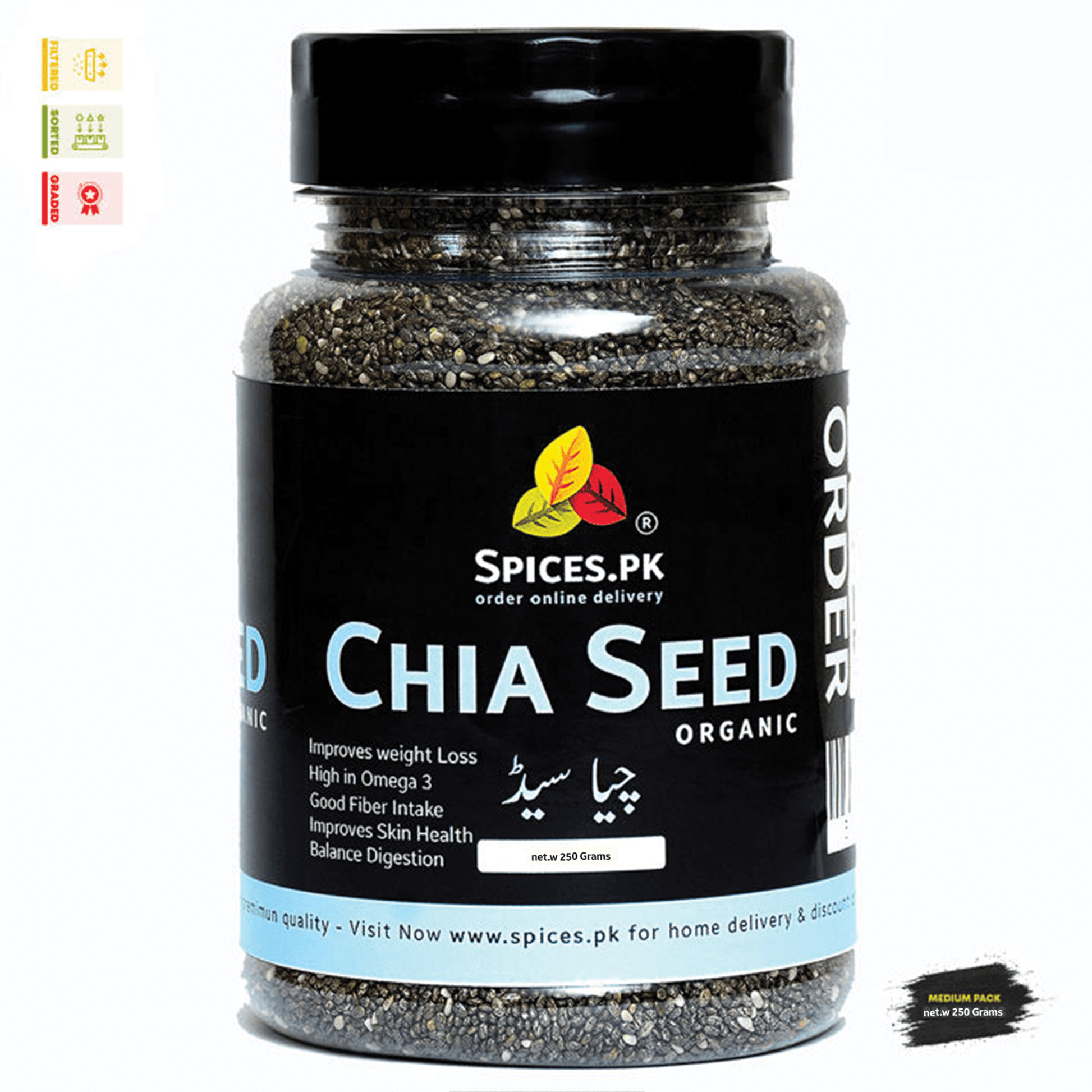 Spices.pk 250g jar of filtered and graded organic Chia Seeds—premium superfood for weight management.