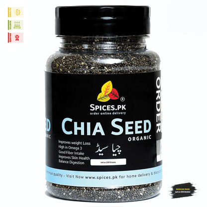 Spices.pk 250g jar of filtered and graded organic Chia Seeds—premium superfood for weight management.