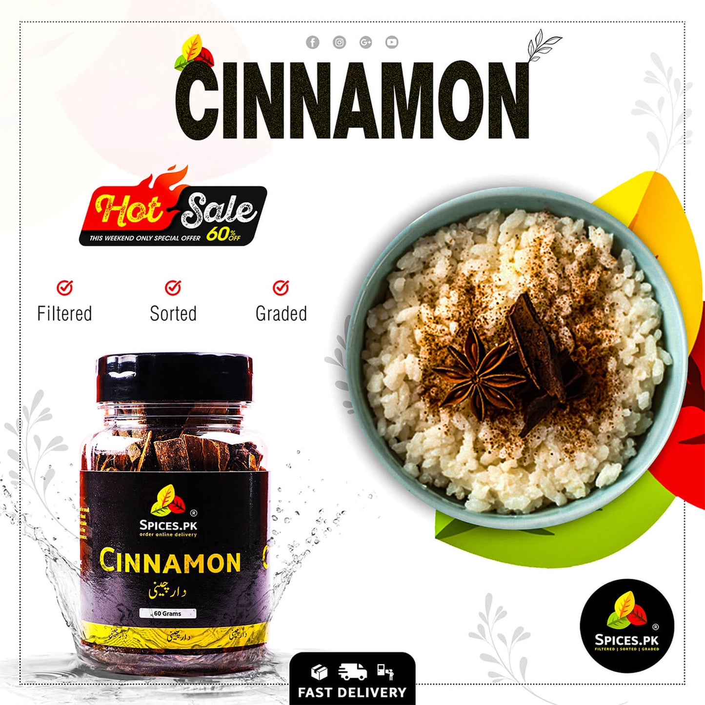 Spices.pk Cinnamon Hot Sale banner featuring a 60g jar and a bowl of rice pudding garnished with cinnamon powder and star anise.