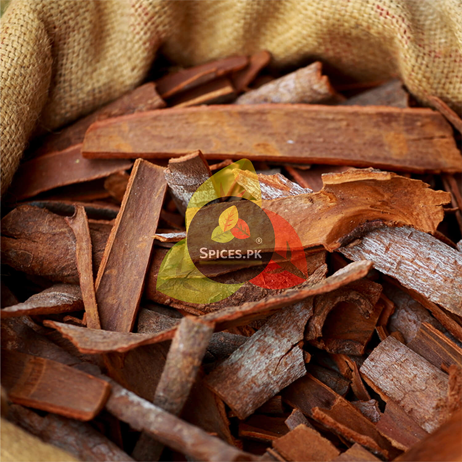 Close-up of high-quality, graded cinnamon bark sticks in a burlap sack from Spices.pk.