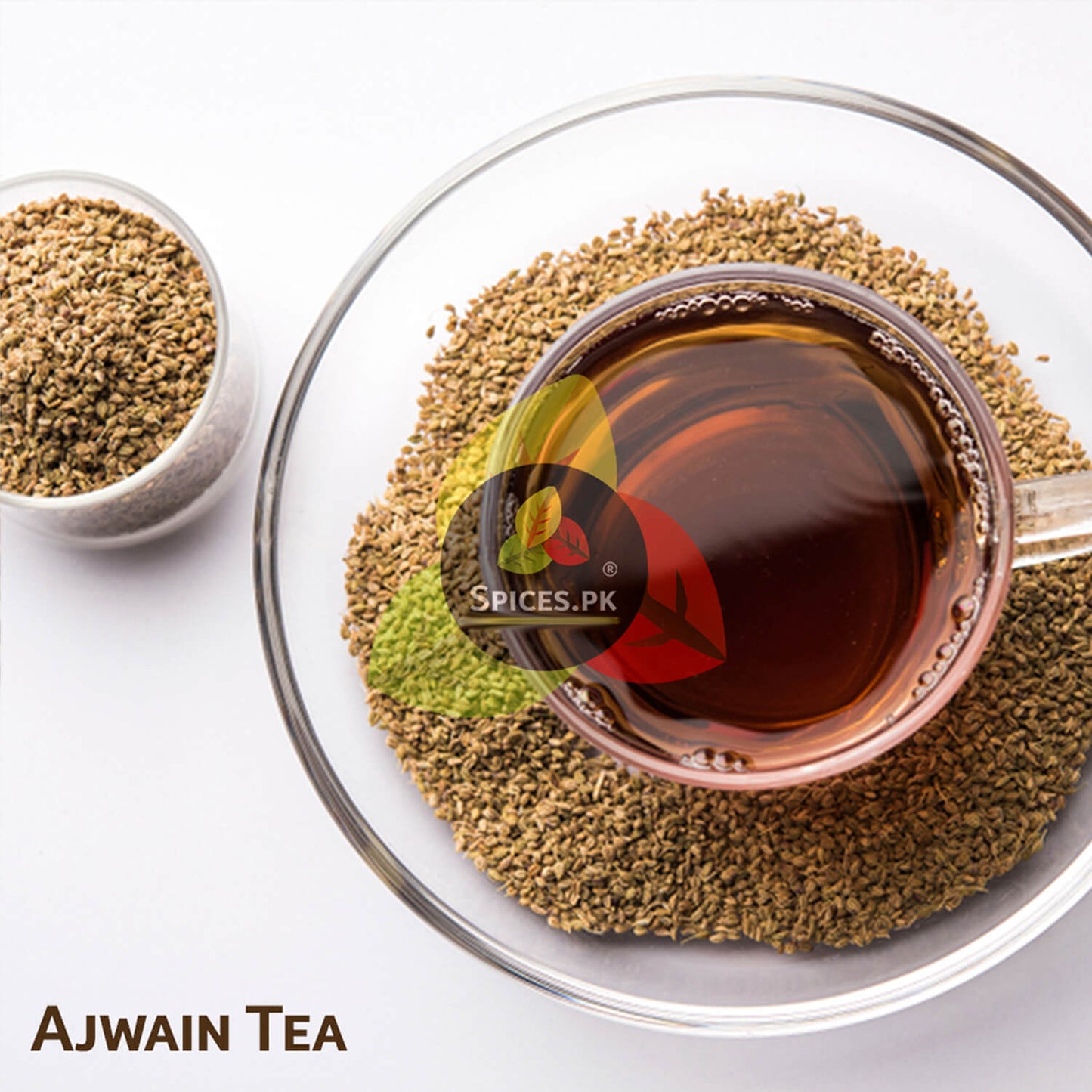 A clear cup of healthy herbal Ajwain tea brewed for digestion and weight loss using premium Spices.pk carom seeds.Glass cup of Ajwain tea with a bowl of ajwain seeds on a white background, featuring the Spices.PK logo.