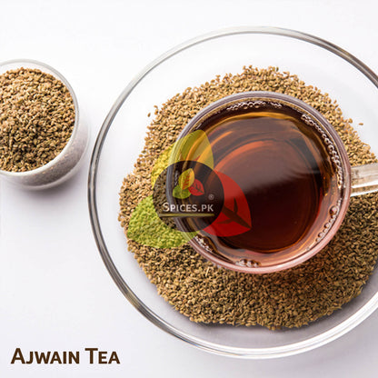 A clear cup of healthy herbal Ajwain tea brewed for digestion and weight loss using premium Spices.pk carom seeds.Glass cup of Ajwain tea with a bowl of ajwain seeds on a white background, featuring the Spices.PK logo.