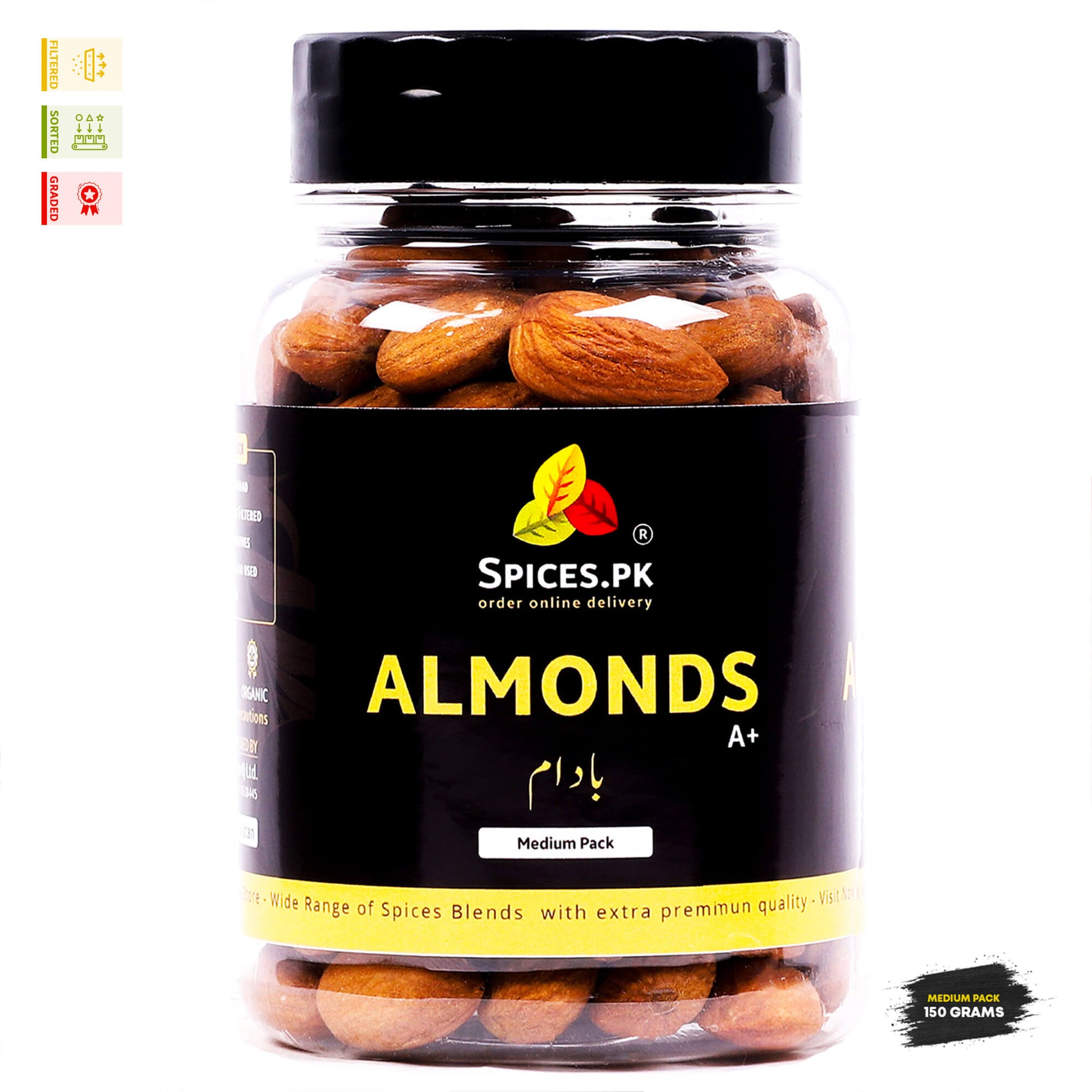 Spices.pk A+ Grade Premium Almonds (Badam) 150 grams medium pack. High-quality, filtered dry fruits delivered online in Pakistan.Jar of almonds with Spices.PK label on a white background