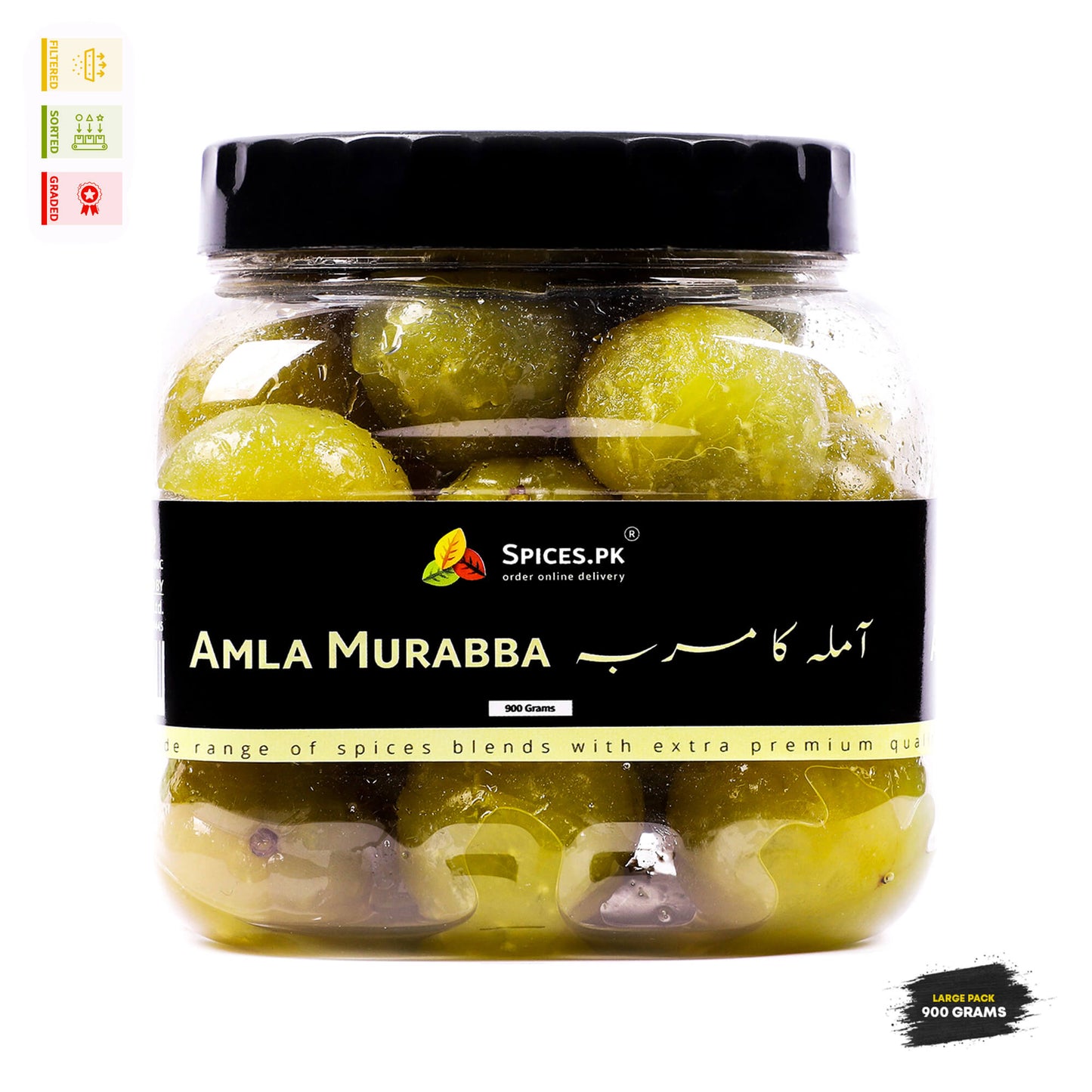 Spices.pk premium Amla Murabba jar of 900 grams alongside fresh green Indian gooseberries, highlighted with quality check markers including sorted, graded, and no artificial preservatives.

Image 2: Natural Fruit on BranchJar of Amla Murabba with Spices.PK label on a white background