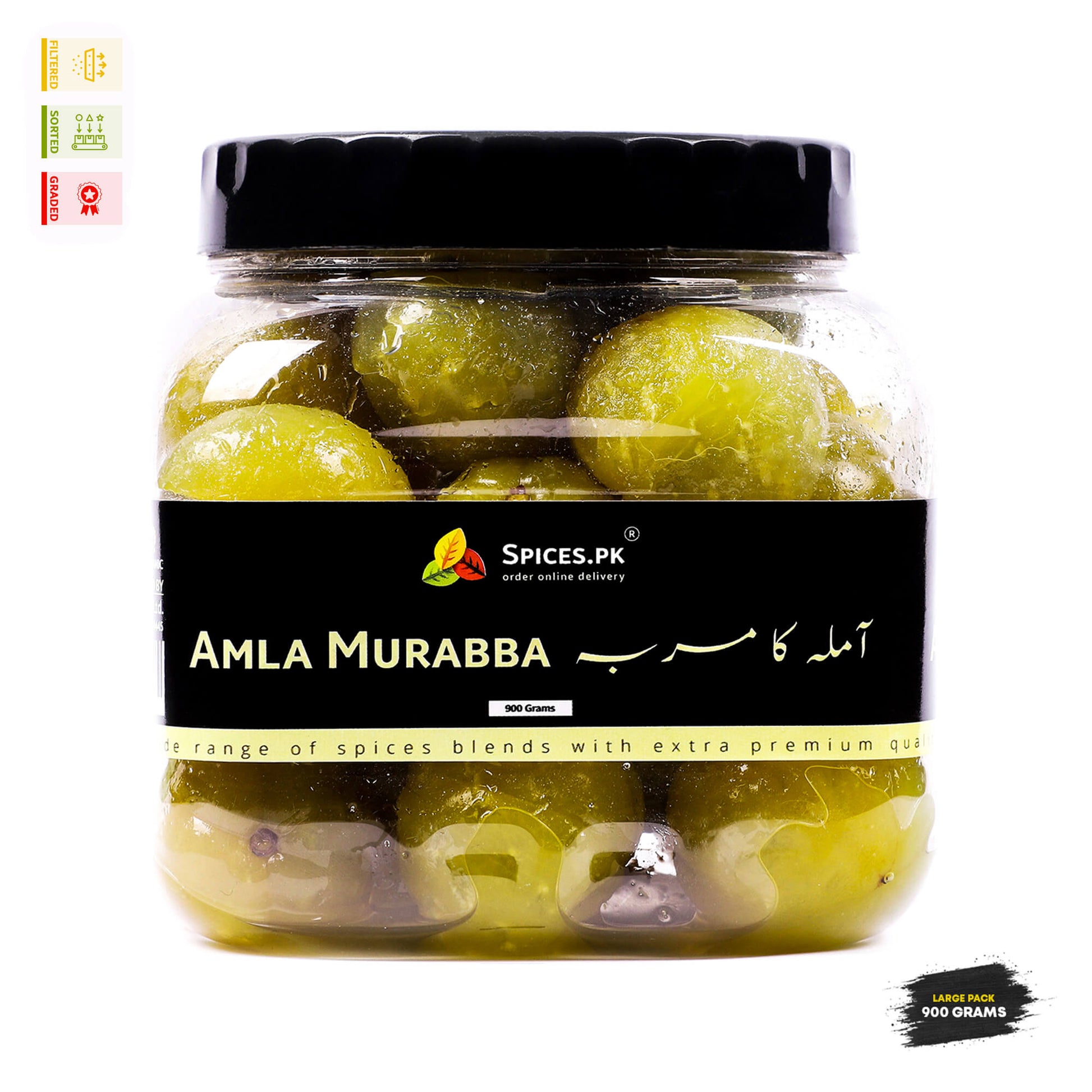 Spices.pk premium Amla Murabba jar of 900 grams alongside fresh green Indian gooseberries, highlighted with quality check markers including sorted, graded, and no artificial preservatives.

Image 2: Natural Fruit on BranchJar of Amla Murabba with Spices.PK label on a white background