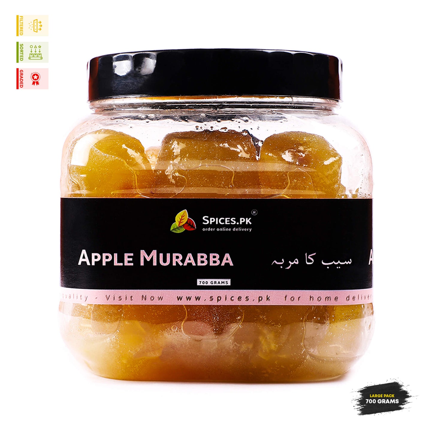 Spices.pk Apple Murabba 700g jar packaging, premium quality sweet apple preserve (سیب کا مربہ) available for online delivery in Pakistan.