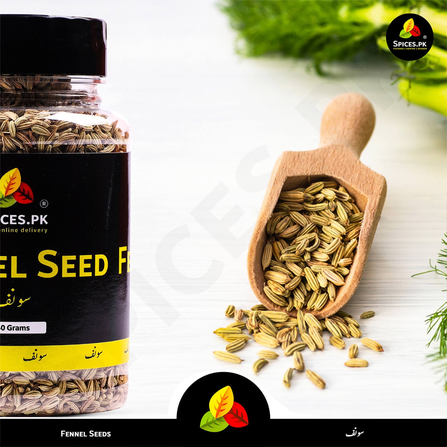 Organic fennel seeds in a wooden scoop next to the 140g product jar, highlighting the natural aroma and quality of Spices.pk spices.