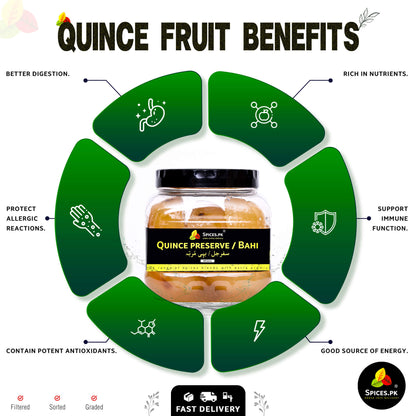 Infographic showing Bahi Murabba benefits: better digestion, immune support, rich in nutrients, and potent antioxidants from fresh quince.Quince fruit benefits infographic with a jar of quince preserve at the center.