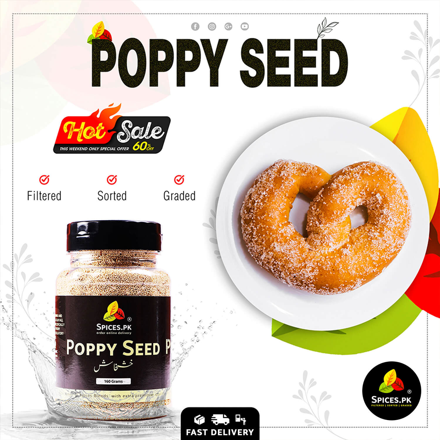 Poppy seed packaging with a donut on a white background.A freshly baked sweet pretzel coated with sugar and premium Spices.pk poppy seeds on a white plate.