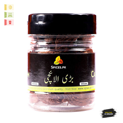 Spices.pk Bari Elaichi 40g jar, premium quality whole brown cardamom pods for authentic Pakistani and Indian cooking.