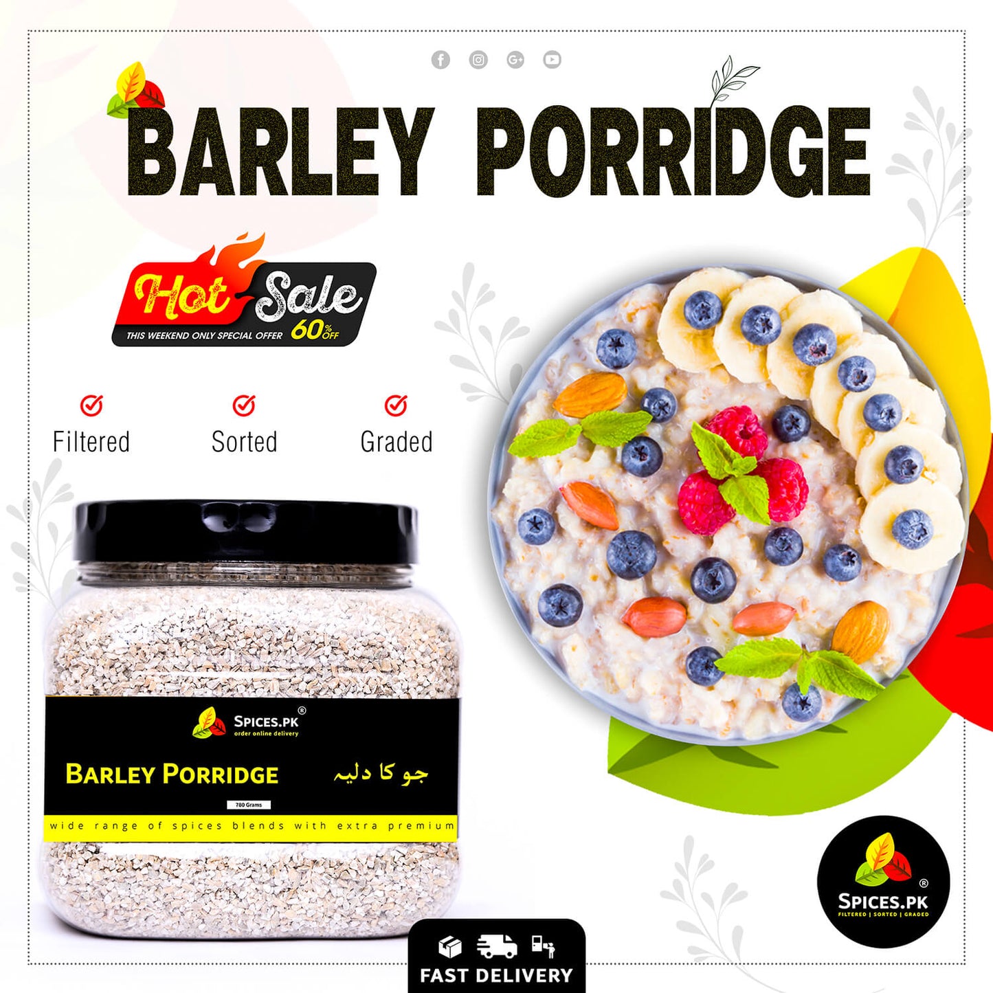 Hot sale discount banner featuring a healthy barley porridge breakfast bowl topped with fresh berries, banana slices, and almonds.
