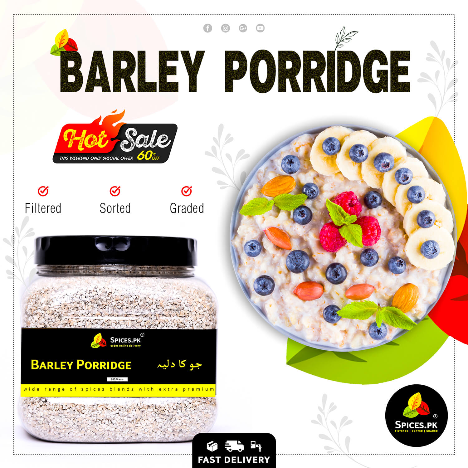 Hot sale discount banner featuring a healthy barley porridge breakfast bowl topped with fresh berries, banana slices, and almonds.
