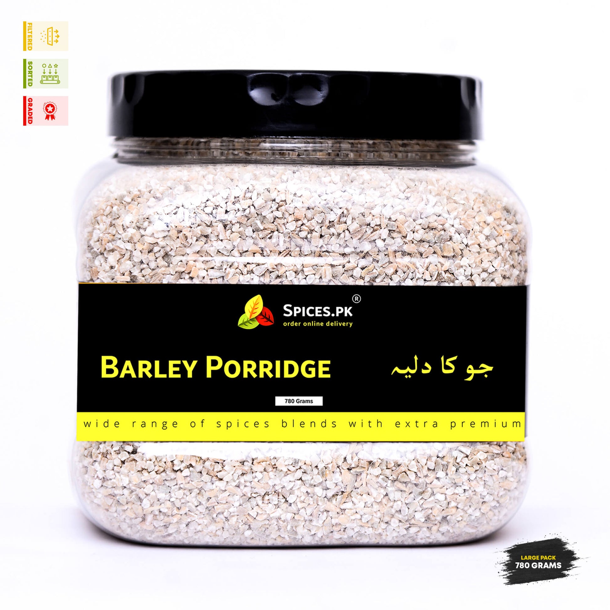 Front look of Spices.pk premium barley porridge jar, 780 grams large pack with English and Urdu Jau Ka Daliya text.