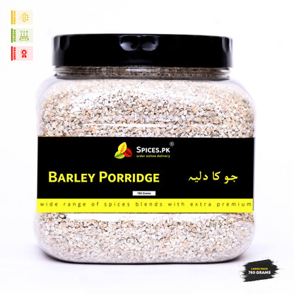 Front look of Spices.pk premium barley porridge jar, 780 grams large pack with English and Urdu Jau Ka Daliya text.