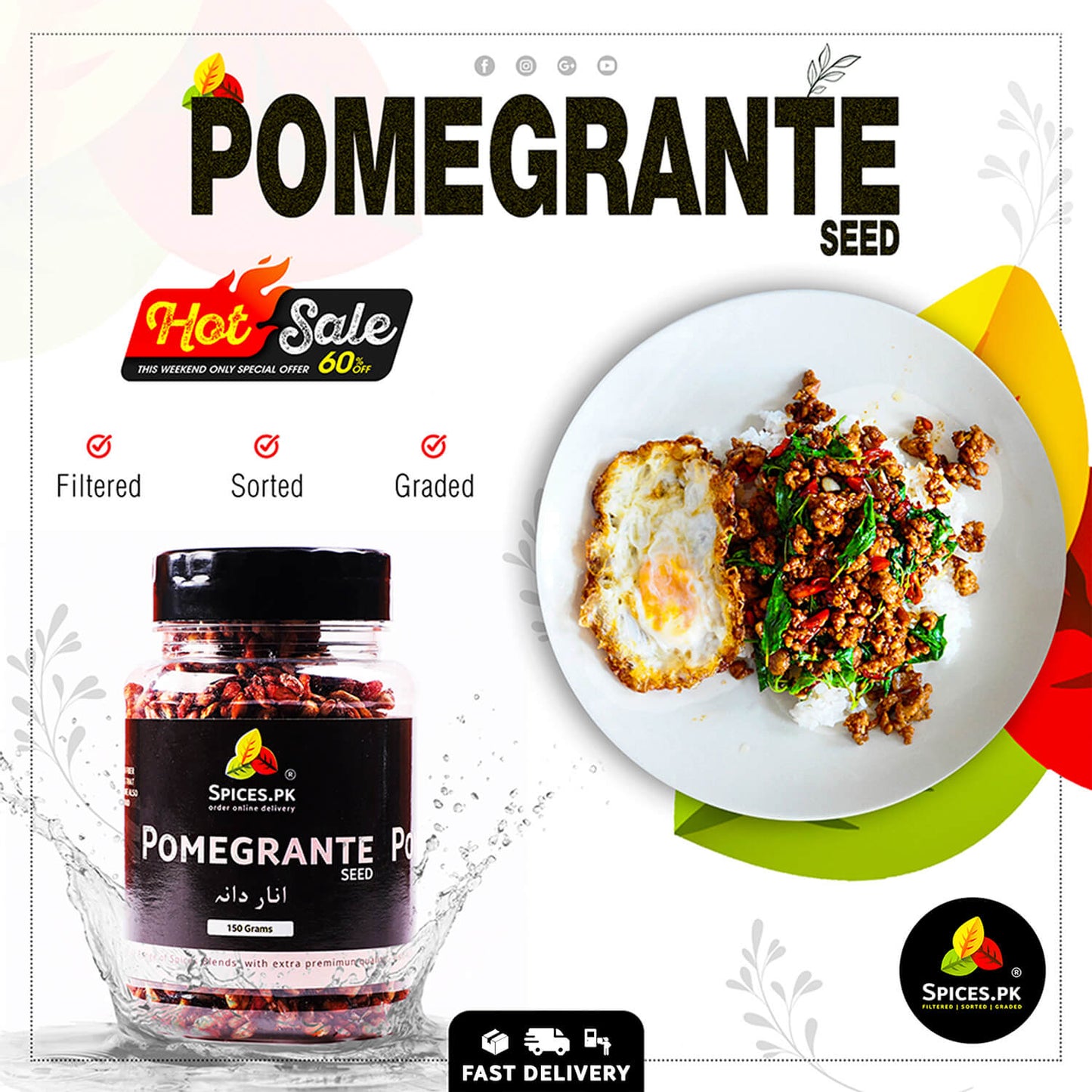Advertisement for Spices.PK Pomegranate Seed with a plate of food and product packaging.Hot Sale: Buy premium Anardana (Dry Pomegranate Seeds) online from Spices.pk; perfect for preparing delicious restaurant-style chaat and curries.