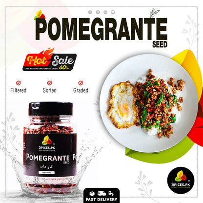 Advertisement for Spices.PK Pomegranate Seed with a plate of food and product packaging.Hot Sale: Buy premium Anardana (Dry Pomegranate Seeds) online from Spices.pk; perfect for preparing delicious restaurant-style chaat and curries.