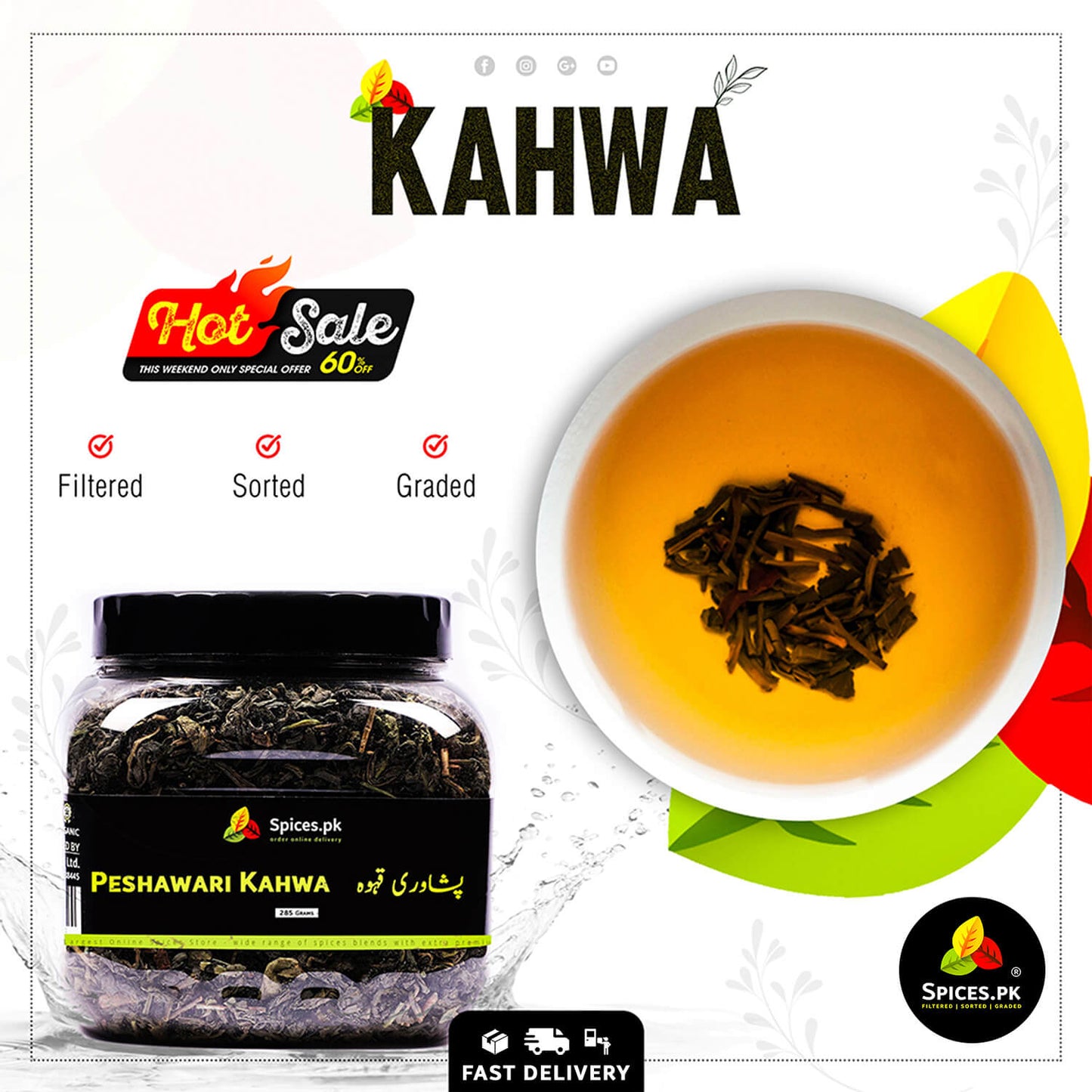 Top view of freshly brewed golden Peshawari Kahwa in a cup with loose green tea leaves at the bottom, offering 60% off.Promotional graphic for Peshawari Kahwa tea with a jar and cup of tea.