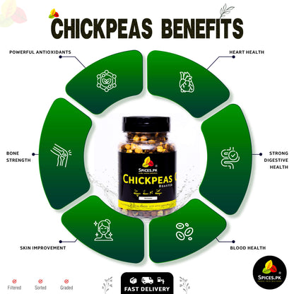 Infographic showing health benefits of roasted chickpeas like weight loss, digestive health, and heart support by Spices.pk.Spices PK Chickpeas supplement with health benefits on a white background