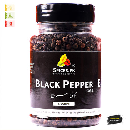 Black Pepper Corn (Kali Mirch) 170g medium pack jar with filtered, sorted, and graded premium quality seals from Spices.pk.