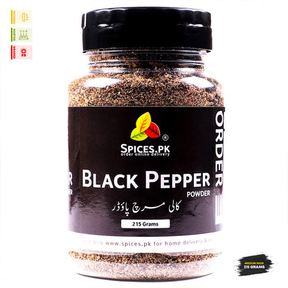 Spices.pk Black Pepper Powder 215g medium jar—premium Kali Mirch powder for bulk kitchen use in Pakistan.
