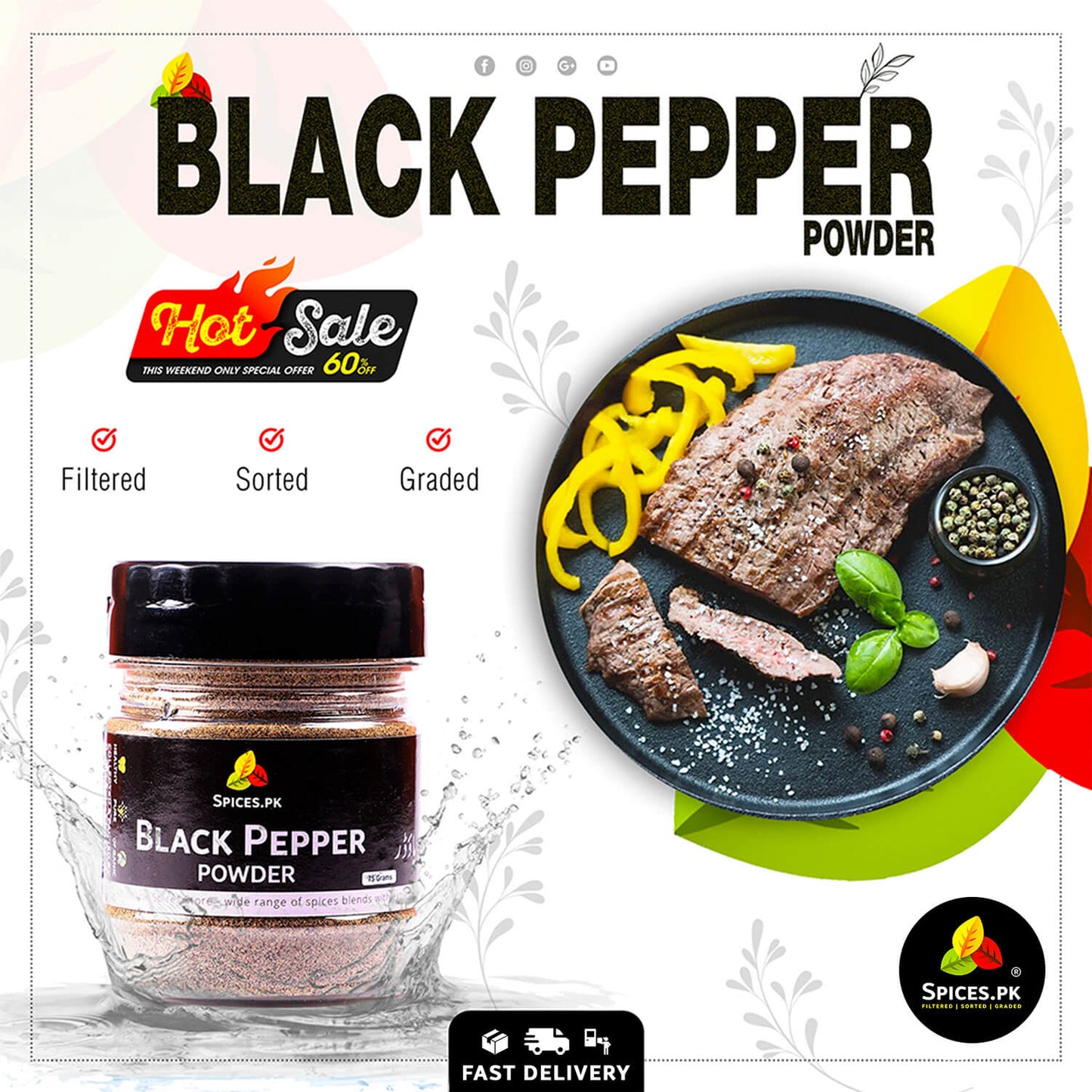 Advertisement for black pepper powder with a jar and food items on a plate. Freshly ground black pepper powder used as a steak rub and seasoning for grilled meat recipes.