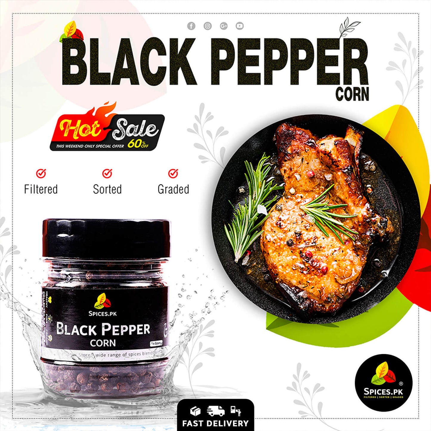 Hot Sale promotional banner for Black Pepper Corn featuring a seasoned steak with rosemary, offering a 60% discount – Spices.pk.