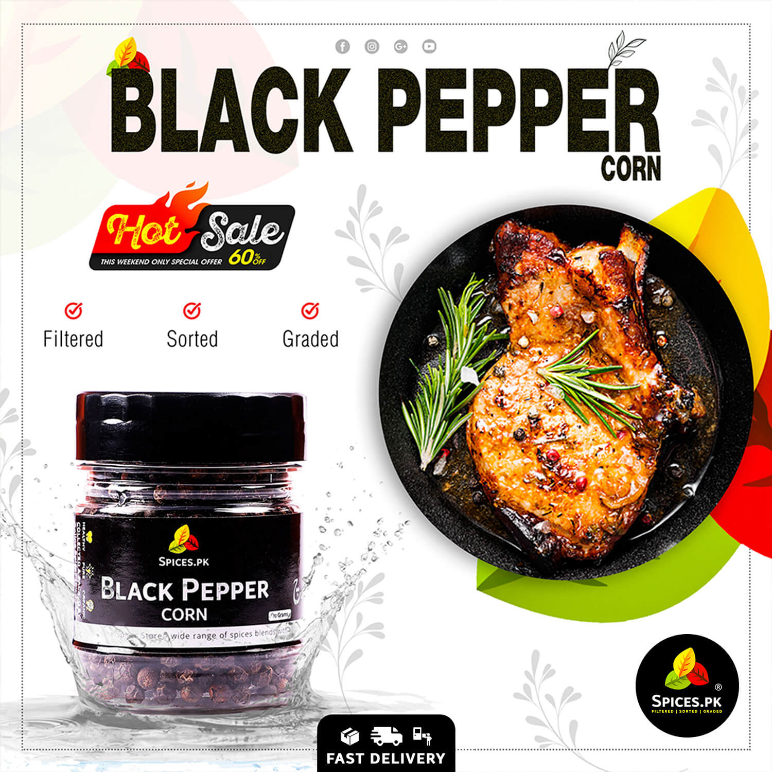 Hot Sale promotional banner for Black Pepper Corn featuring a seasoned steak with rosemary, offering a 60% discount – Spices.pk.
