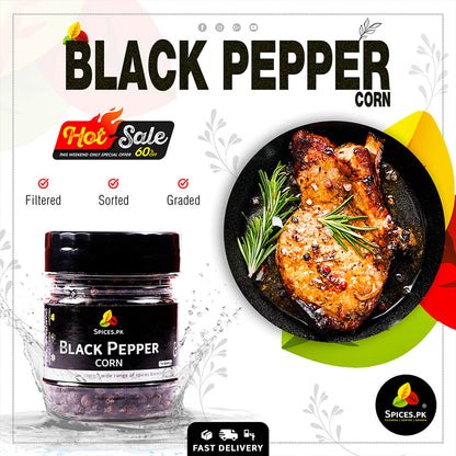 Hot Sale promotional banner for Black Pepper Corn featuring a seasoned steak with rosemary, offering a 60% discount – Spices.pk.