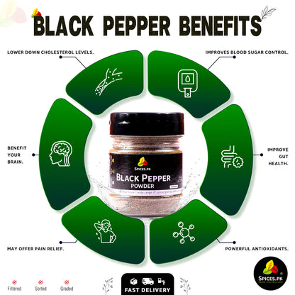 Health benefits of Black Pepper Powder including antioxidants, gut health, and cholesterol control by Spices.pk.