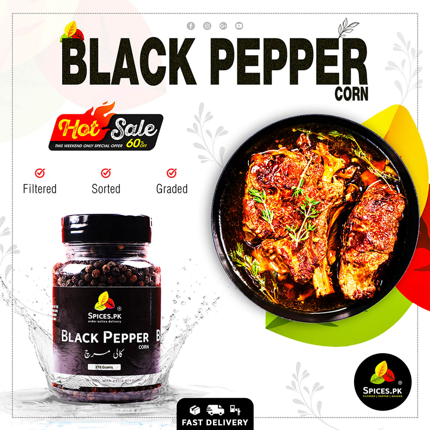 Hot Sale promotional banner for Black Pepper Corn featuring seasoned roasted meat and a 60% off weekend special – Spices.pk.