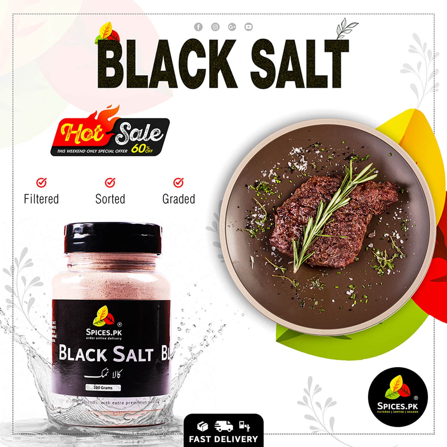 Black salt packaging with a dish of food on a white background.Grilled steak seasoned with high-quality Black Salt from Spices.pk for gourmet flavor.