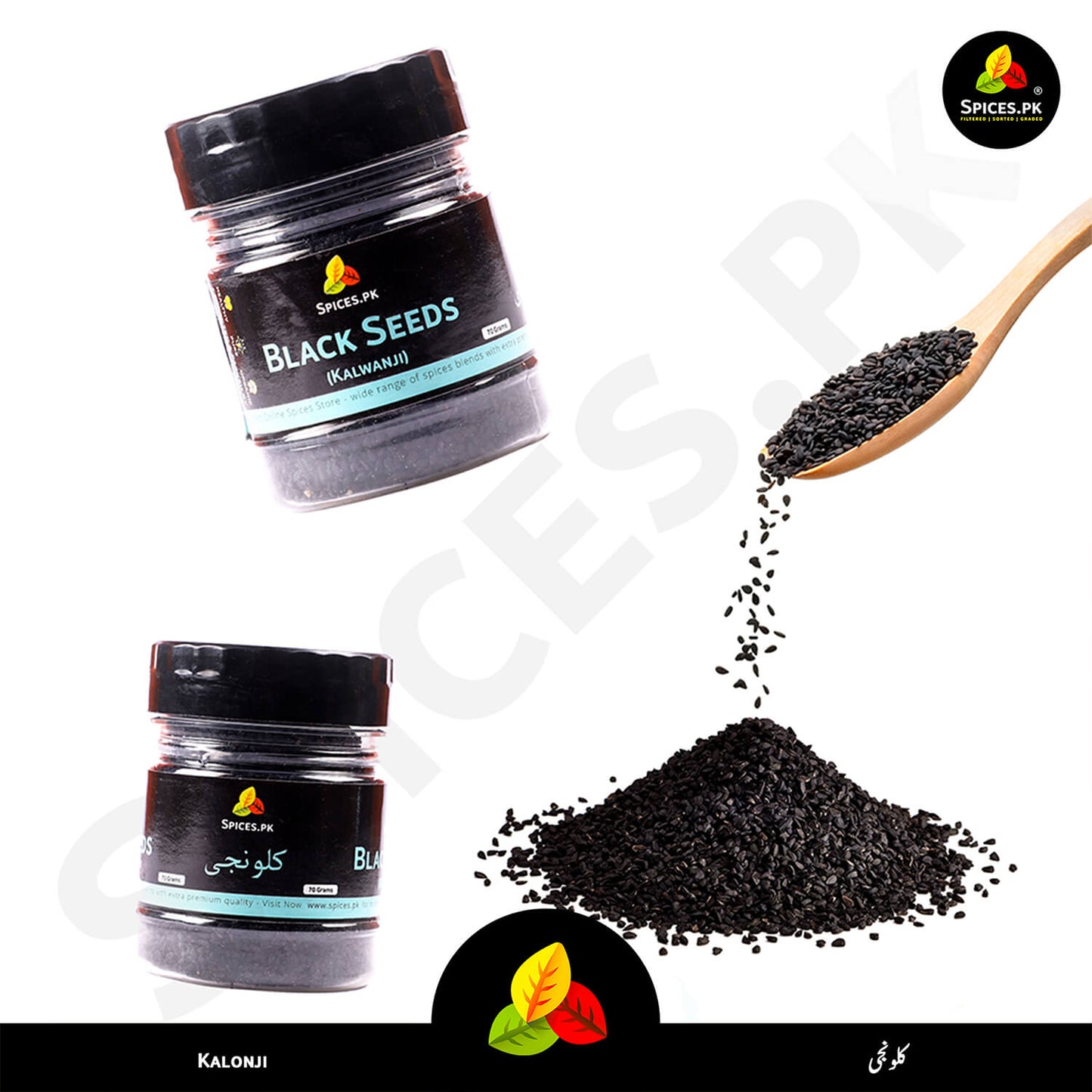 Pile of fresh, aromatic Kalonji (Black Seeds) with Spices.pk jars, highlighting premium texture and purity.