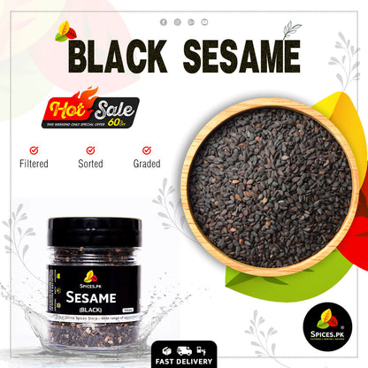 Spices.pk hot sale on premium black sesame seeds (Kalay Til). Shows a 70g jar and a wooden bowl filled with sorted, organic black sesame.