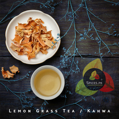 A freshly brewed cup of Lemon Grass Kahwa (لیمن گراس قہوہ) with dried leaves. Natural herbal detox tea for digestion and health in Pakistan.