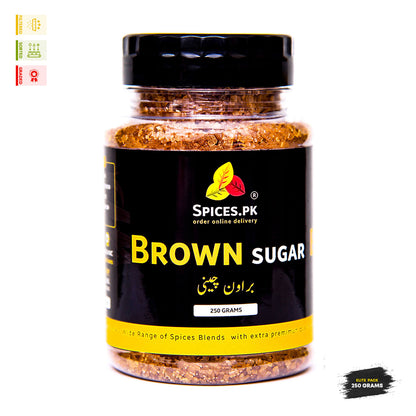 Front view of Spices.pk premium brown sugar in a 250g elite pack jar, filtered, sorted, and graded.Jar of brown sugar with Spices.PK label on a white background