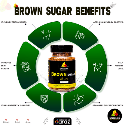 Infographic showing the health benefits of Spices.pk brown sugar, including weight loss, digestion, and energy booster.Brown sugar benefits infographic with a jar of brown sugar in the center, surrounded by green sections with icons and text.