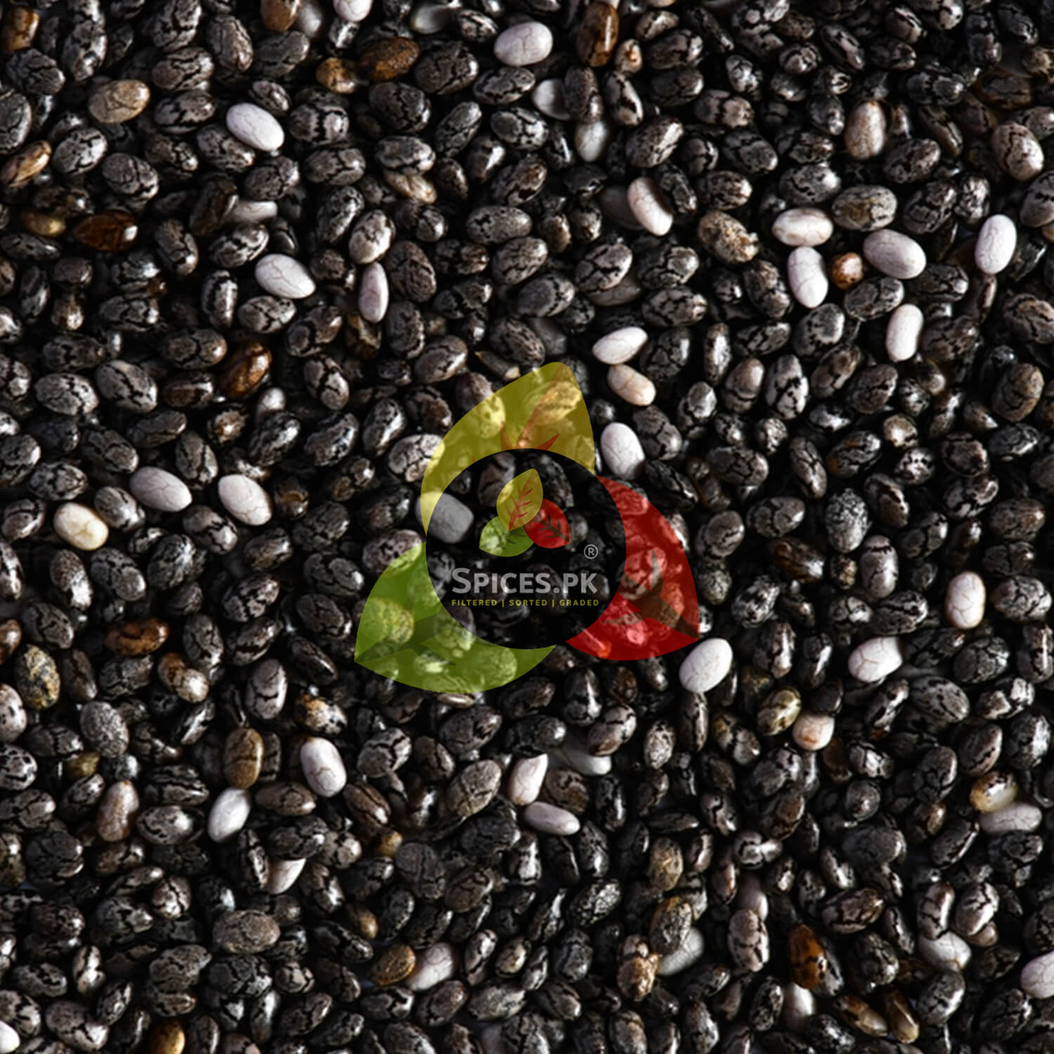 Macro texture view of organic black and white chia seeds. Nutrient-dense superfood rich in fiber and Omega-3 fatty acids