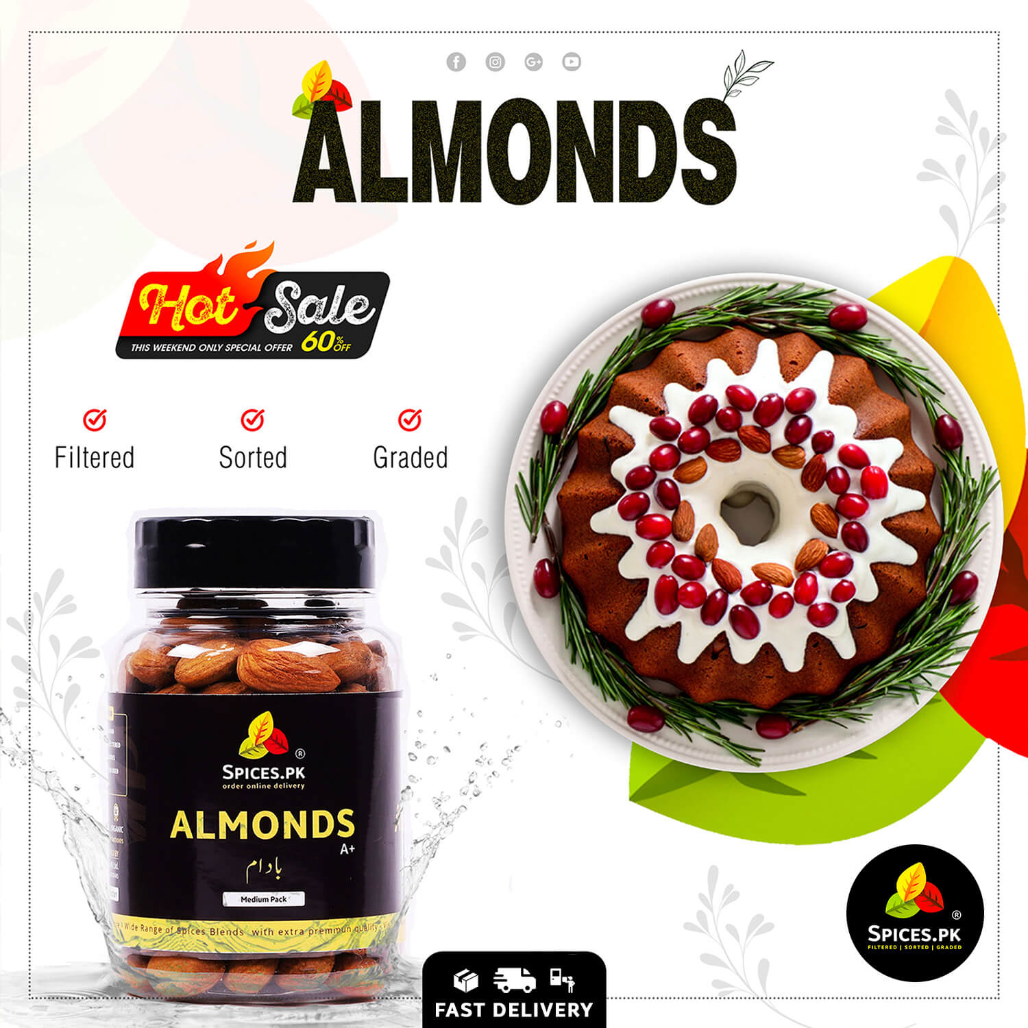 Buy Spices.pk premium almonds online. A+ grade badam ideal for healthy recipes, garnishing cakes, and festive desserts