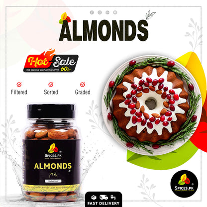 Buy Spices.pk premium almonds online. A+ grade badam ideal for healthy recipes, garnishing cakes, and festive desserts
