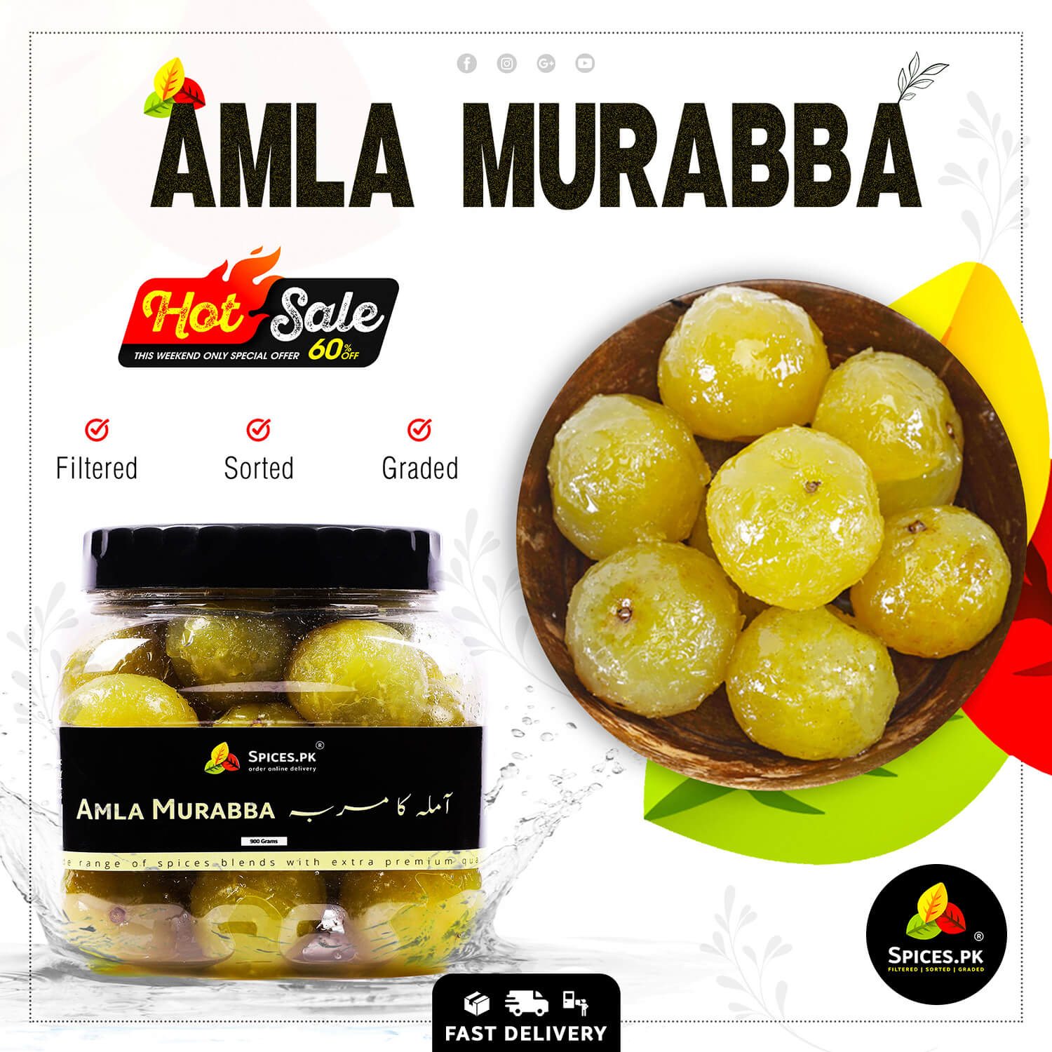 Front view of a 900-gram clear plastic jar filled with premium sweet Amla Murabba (آملہ کا مربہ) by Spices.pk with a bold black brand label.Promotional image of Amla Murabba with packaging and a bowl of fruits on a white background.
