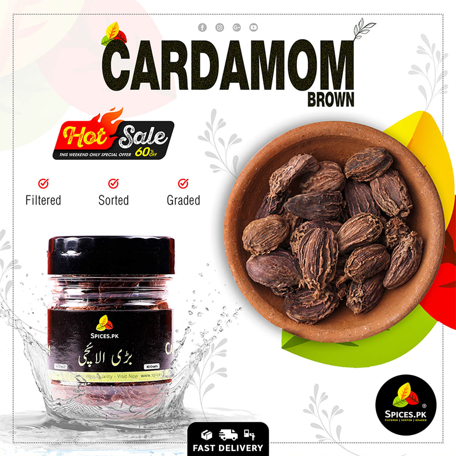 Whole Black Cardamom pods in a traditional clay bowl, available at a discount on Spices.pk online spice store.