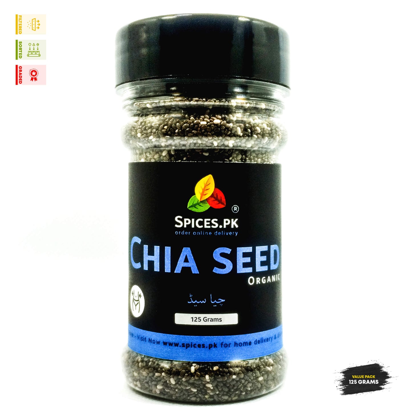 SEO Alt Text: Front view of Spices.pk organic chia seeds jar pack, 125 grams, filtered, sorted, and graded premium quality.